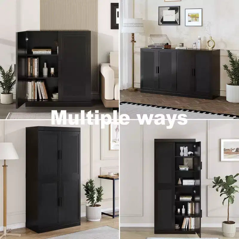 Buffet en Grain de Bois Noir, Organiseur de Rangement avec Étagères Réglables