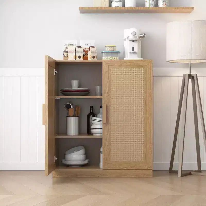 36x31x16 Wood Grain Buffet Cabinet, Storage Organizer with Adjustable Shelves and Rattan Doors for Kitchen Bedroom Living/Dinning Room