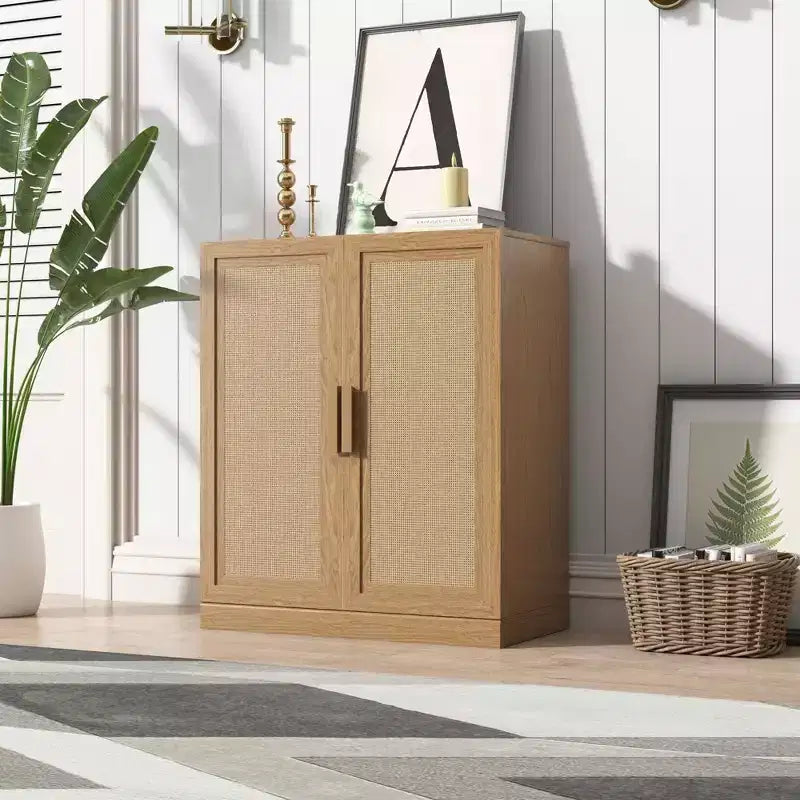 Buffet imitation grain de bois, meuble de rangement avec étagères réglables