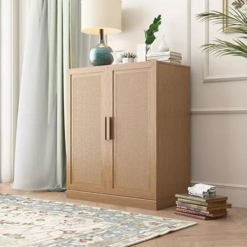 Buffet imitation grain de bois, meuble de rangement avec étagères réglables