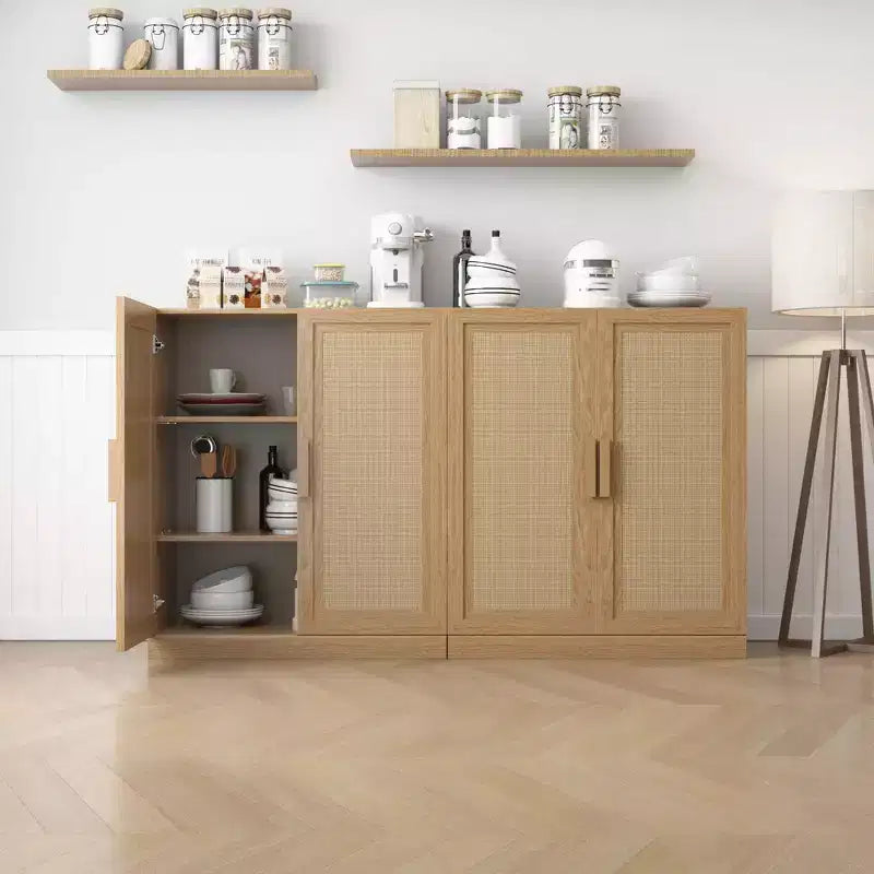 Buffet imitation grain de bois, meuble de rangement avec étagères réglables