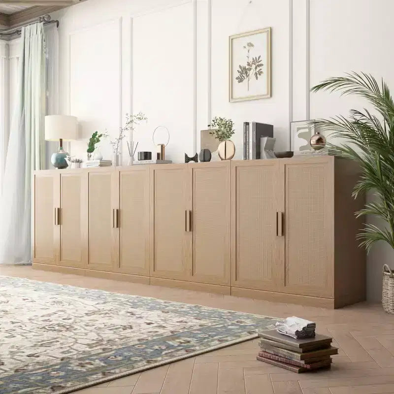 Buffet imitation grain de bois, meuble de rangement avec étagères réglables