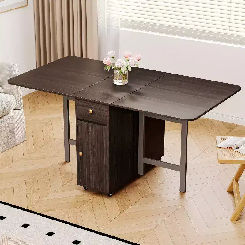 ATJafurn 59'' Foldable Dining Table with Drop Leaves for Small Space, Rectangular Wooden Extendable kitchen Table with Wheels and Storage