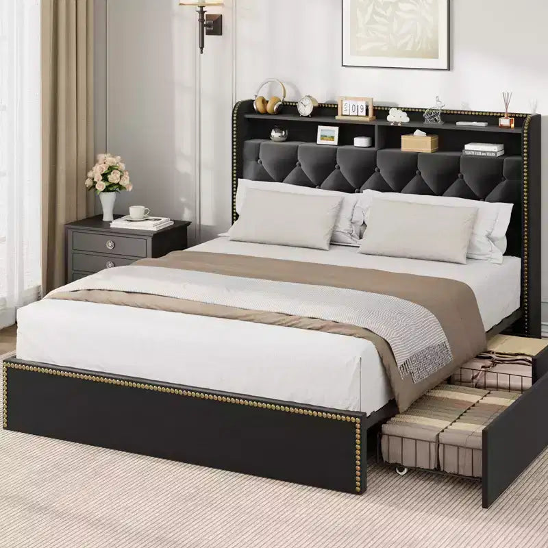 Garvee Upholstered Bed Frame with 4 Drawers, Black Velvet Platform with Tufted Headboard and Nailhead Design, No Box Spring Needed