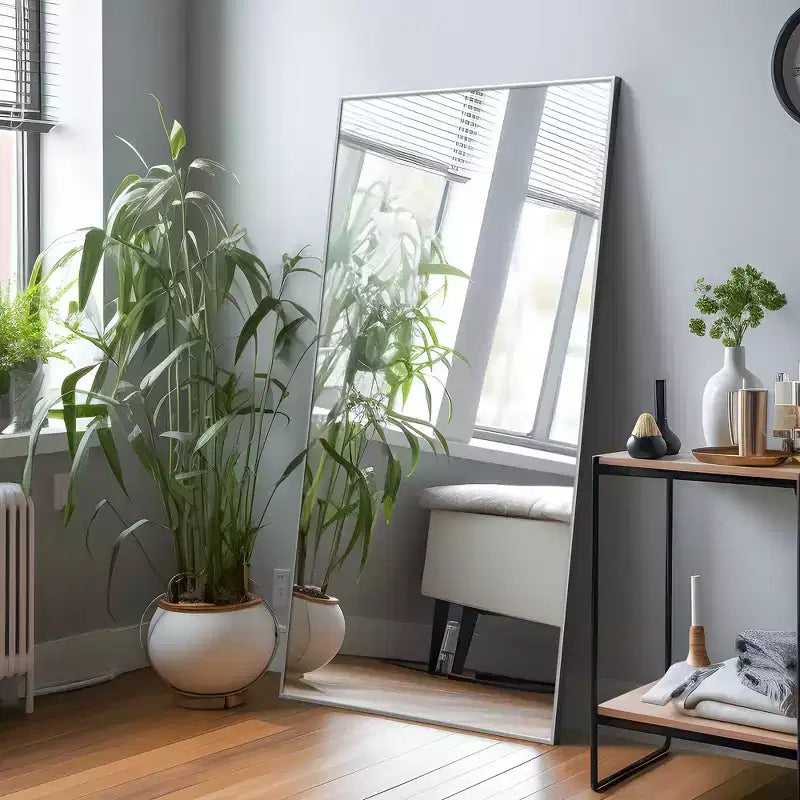 59*35 Rectangle Full-Body Mirror, Silver Aluminum Alloy Frame Full Length Mirror, Vanity Mirror for Bathroom Bedroom Entryway Living/Dressing Room