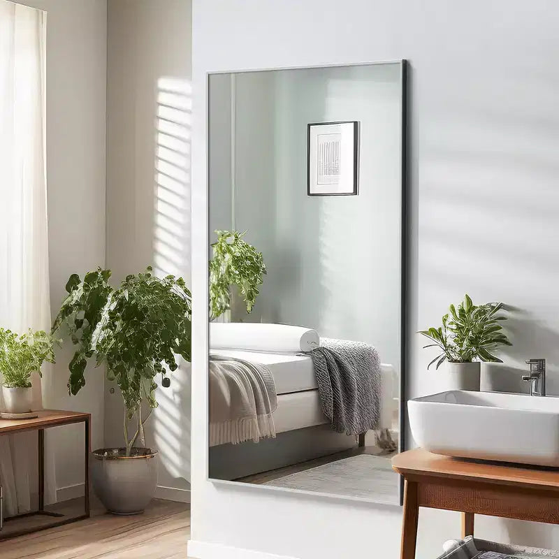 Miroir rectangulaire pleine longueur, cadre en alliage d'aluminium argenté, miroir sur pied