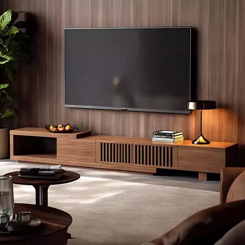 Luck Live Mid-Century Modern 78.54in expandable TV stand with 2 drawers, 2 cabinet doors, one open storage, maximum 120 inches/Walnut color&amp;Modern.