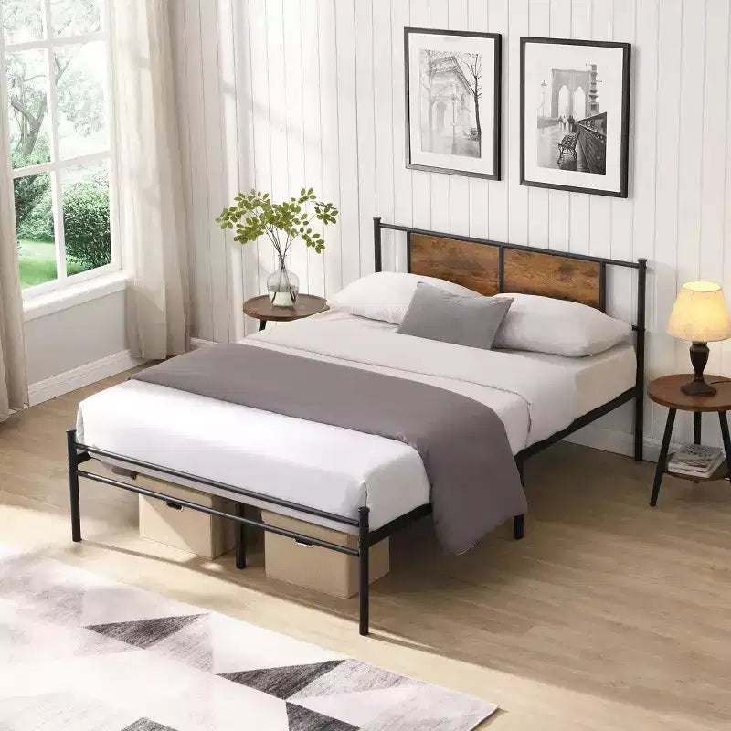 Okak Full Size Bed Frame with Headboard, Metal Platform Bed Frame with Wood Panel Decoration for Bedroom, Black+Brown