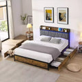 Okak Full Size Bed Frame with Storage Headboard and Charging Station,Upholstered Bed with 4 Storage Drawers,LED Lights,Brown+Gray