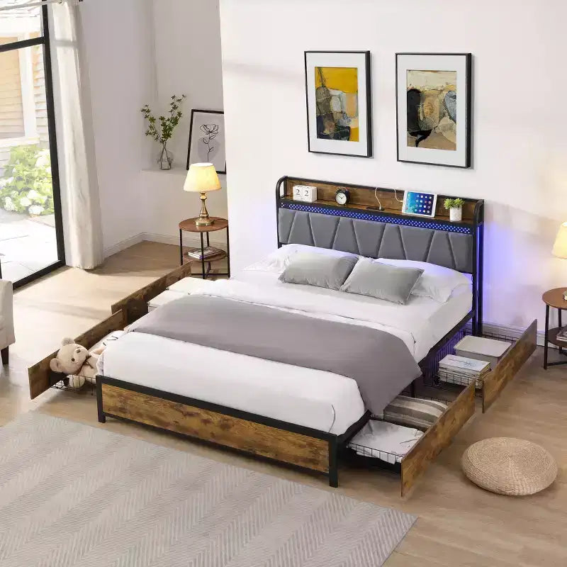 Okak Full Size Bed Frame with Storage Headboard and Charging Station,Upholstered Bed with 4 Storage Drawers,LED Lights,Brown+Gray