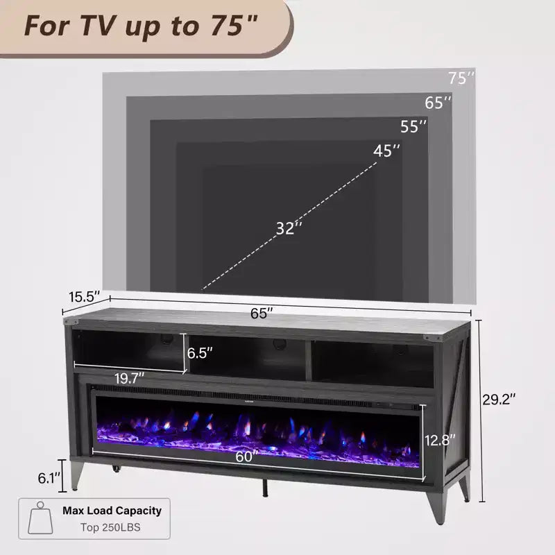 Meuble TV de 65 po avec foyer électrique de 60 po à vitre