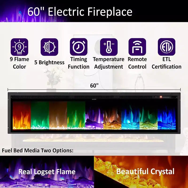 Meuble TV de 65 po avec foyer électrique de 60 po à vitre