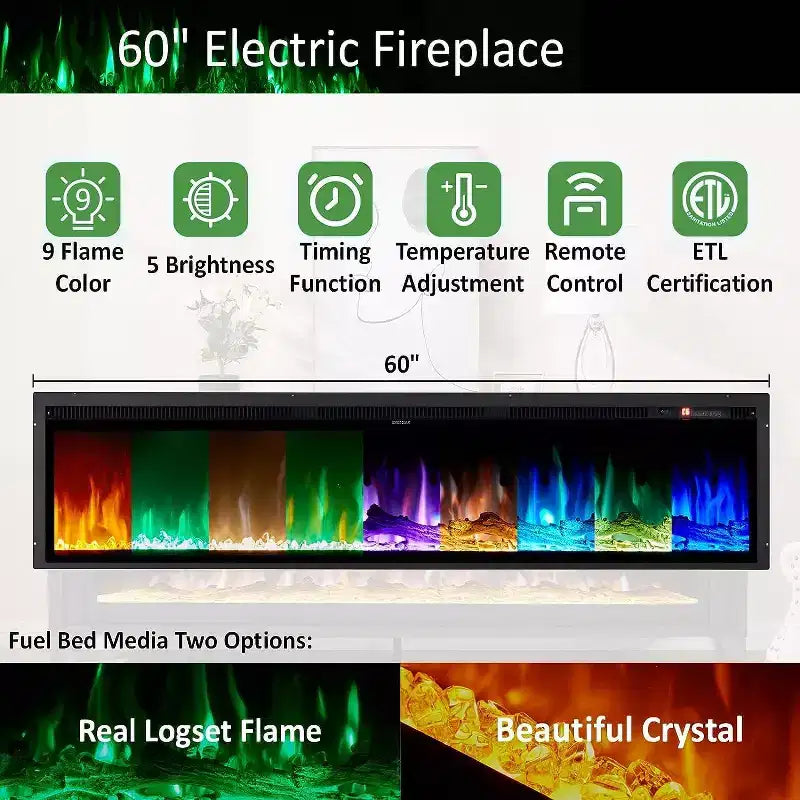 Meuble TV de 65 po avec foyer électrique de 60 po à vitre