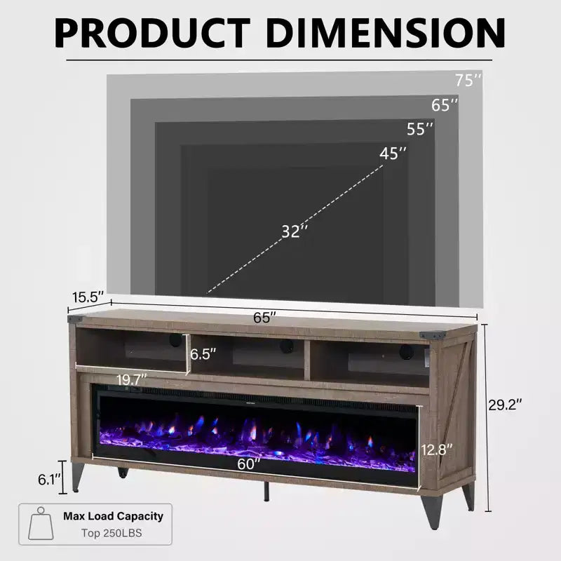 Meuble TV de 65 po avec foyer électrique de 60 po à vitre