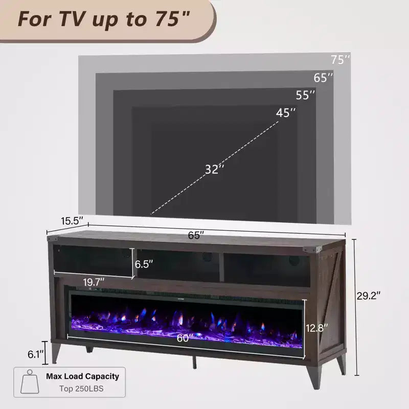 Meuble TV de 65 po avec foyer électrique de 60 po à vitre