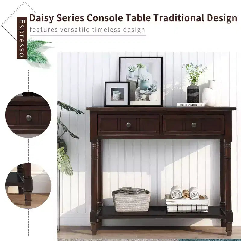 Console de style traditionnel avec deux tiroirs et une étagère inférieure