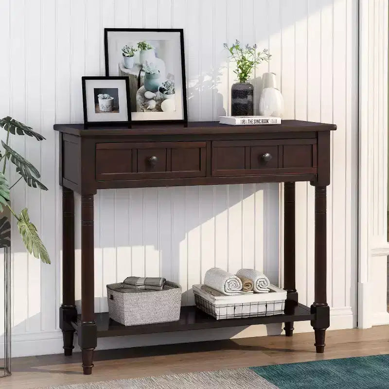 The Misty Moon Daisy Series Console Table Traditional Design with Two Drawers and Bottom Shelf (Espresso)