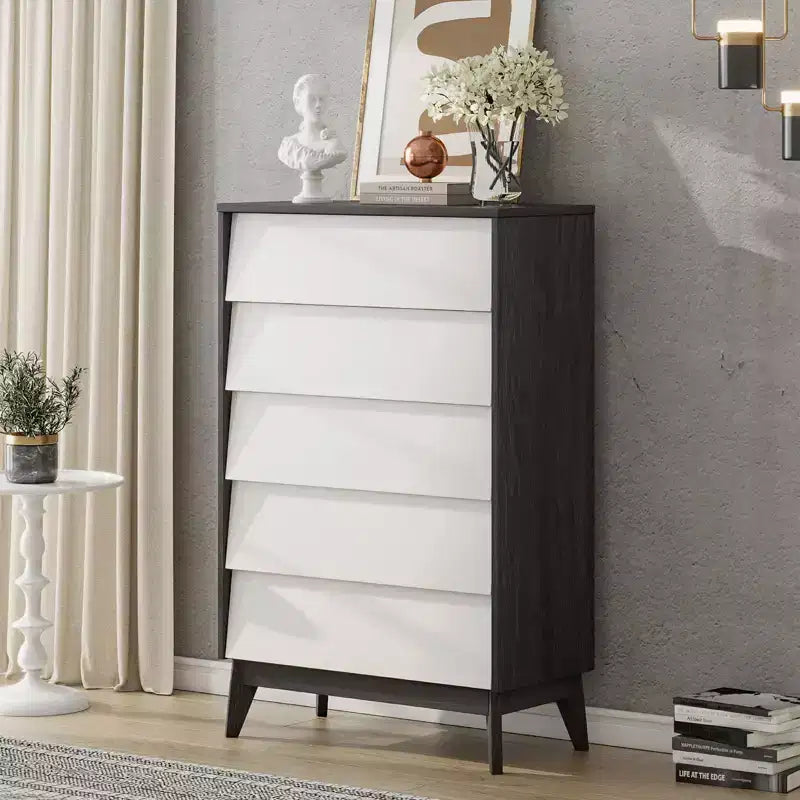 Mid-Century 5 Drawers Dresser, Tall Wood 5 Drawers Storage Closet Chest Organizer of Drawers