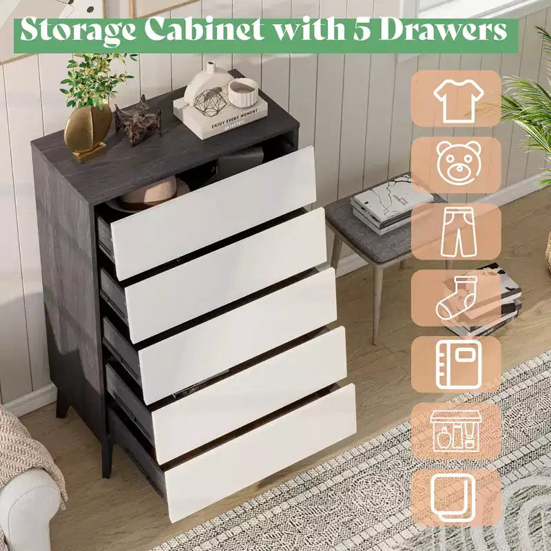 Commode 5 tiroirs de style Mid-Century, chiffonnier haut en bois 5 tiroirs de rangement