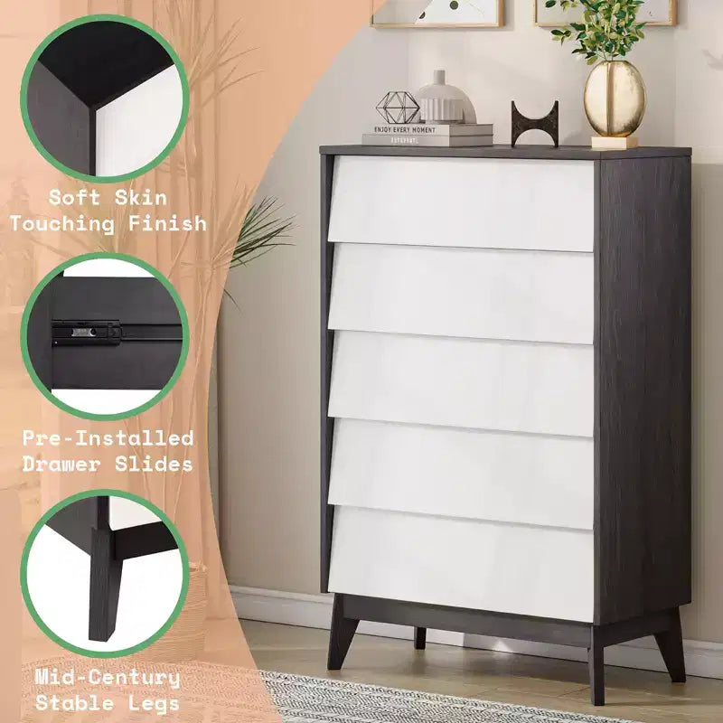 Commode 5 tiroirs de style Mid-Century, chiffonnier haut en bois 5 tiroirs de rangement