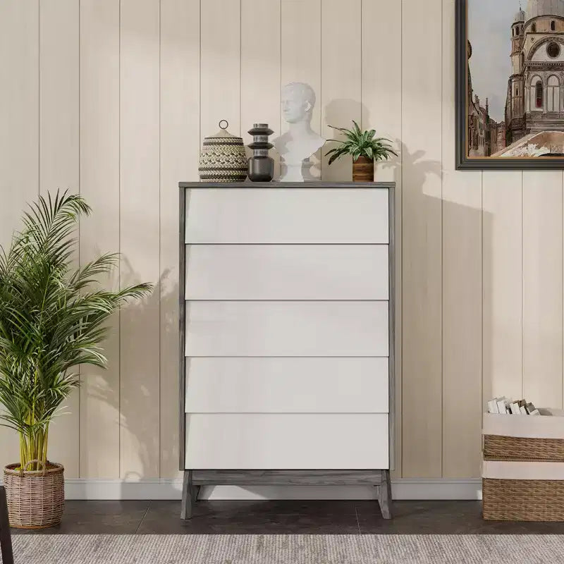 Commode 5 tiroirs de style Mid-Century, chiffonnier haut en bois 5 tiroirs de rangement
