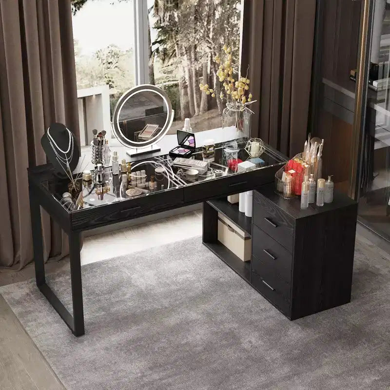 Famapy Black L-Shaped Desk with Glass Top Writing Table Top Reversible Vanity Desk Computer Desk
