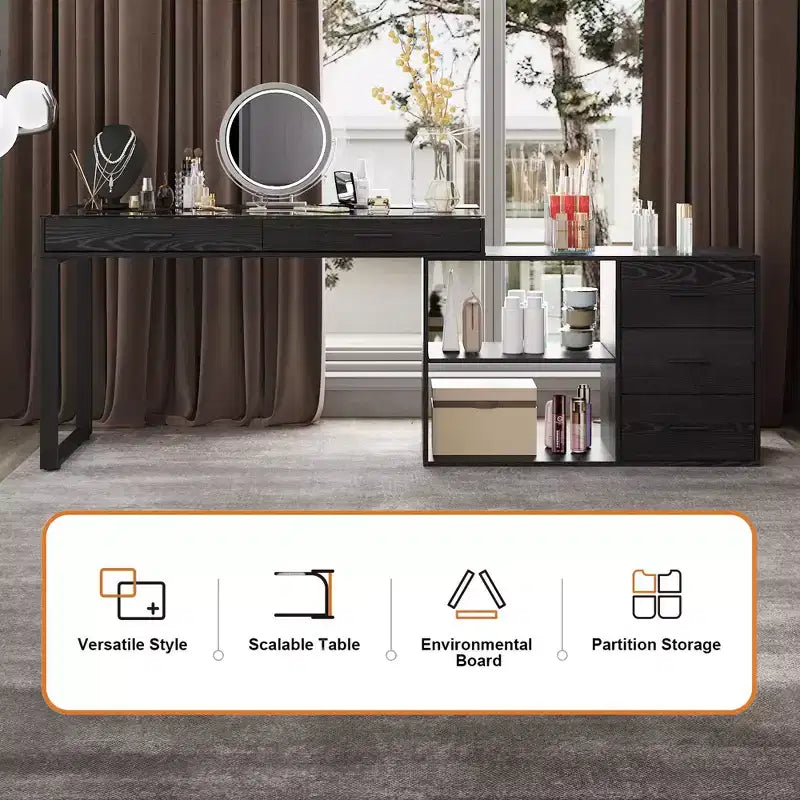 Bureau en L noir avec plateau en verre Table d'écriture réversible Coiffeuse