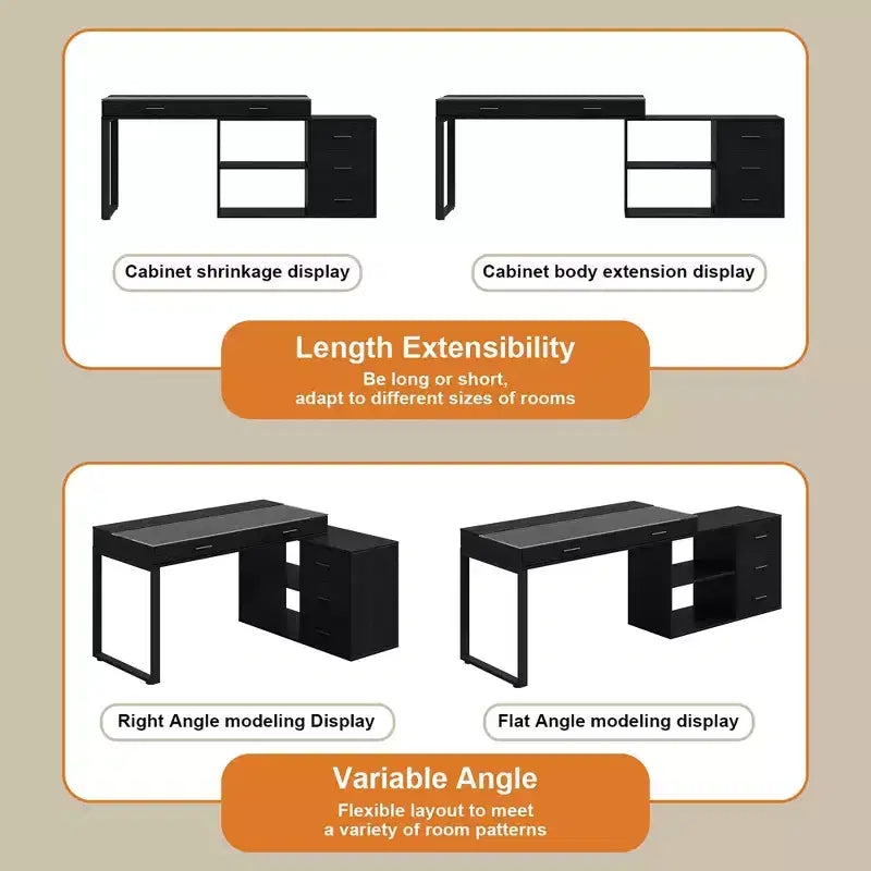 Bureau en L noir avec plateau en verre Table d'écriture réversible Coiffeuse