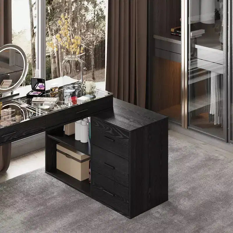 Bureau en L noir avec plateau en verre Table d'écriture réversible Coiffeuse