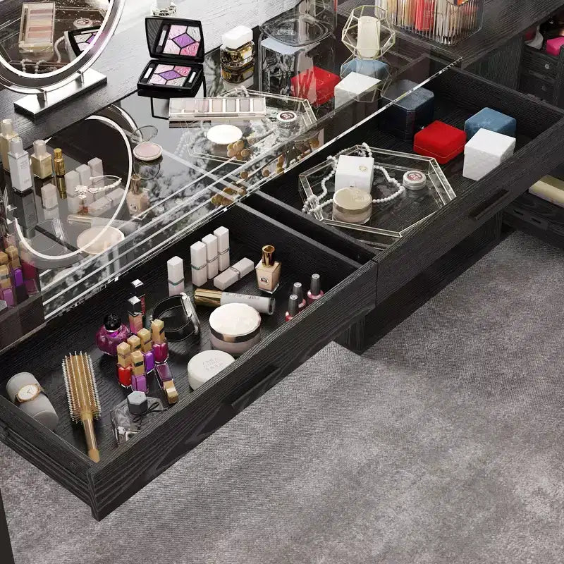 Bureau en L noir avec plateau en verre Table d'écriture réversible Coiffeuse