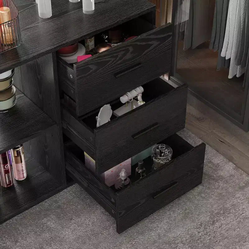 Bureau en L noir avec plateau en verre Table d'écriture réversible Coiffeuse