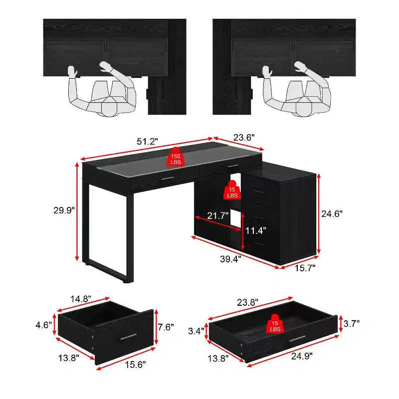 Bureau en L noir avec plateau en verre Table d'écriture réversible Coiffeuse