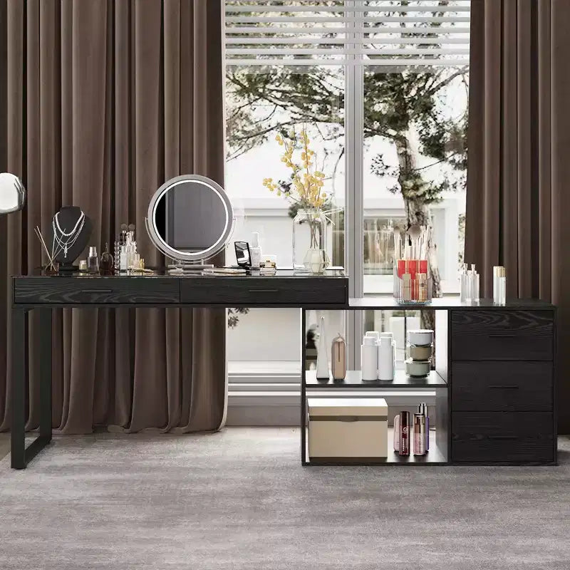 Bureau en L noir avec plateau en verre Table d'écriture réversible Coiffeuse