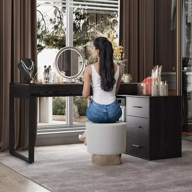 Bureau en L noir avec plateau en verre Table d'écriture réversible Coiffeuse