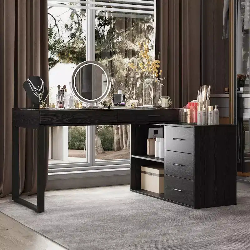 Bureau en L noir avec plateau en verre Table d'écriture réversible Coiffeuse