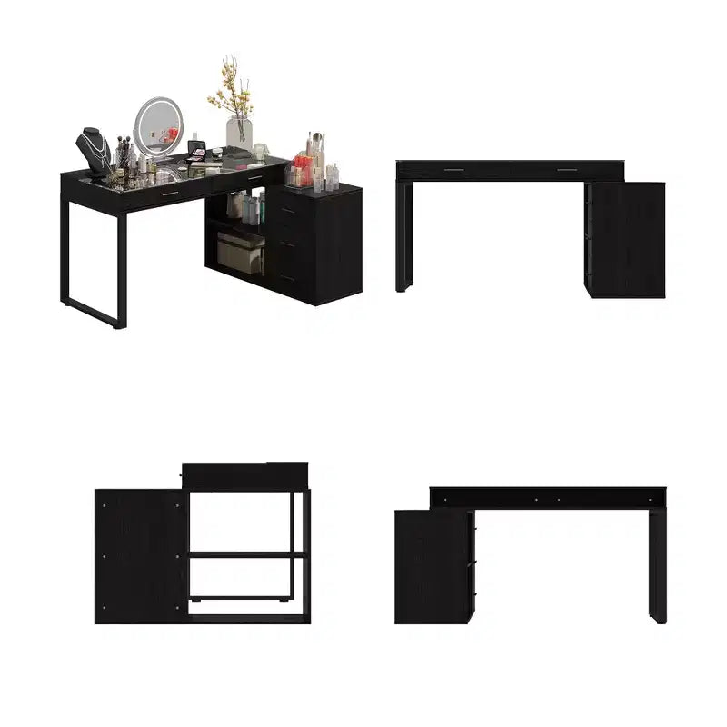 Bureau en L noir avec plateau en verre Table d'écriture réversible Coiffeuse