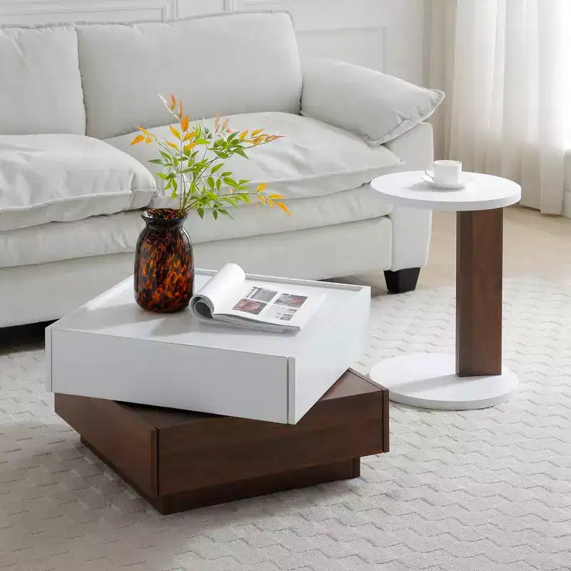 GDFStudio Elliot Wood 24 Square Coffee Table with 2-Drawer and Swivel Tabletop