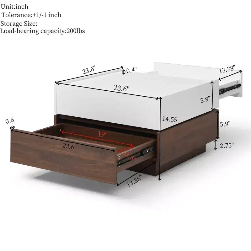 Table basse carrée en bois 24 po avec 2 tiroirs et plateau pivotant