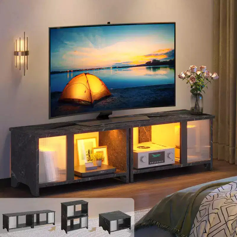 Meuble TV LED pour téléviseurs jusqu'à 65'', meuble TV extensible côte à côte ou superposable