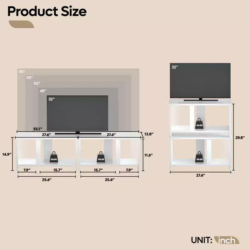 Meuble TV LED pour téléviseurs jusqu'à 65'', meuble TV extensible côte à côte ou superposable