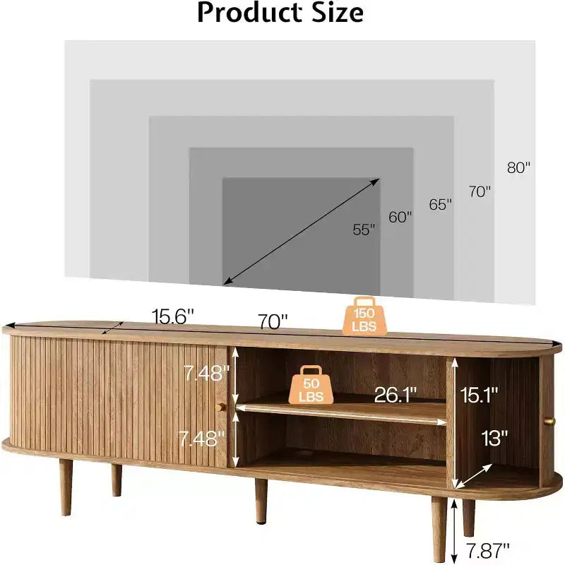 Meuble TV avec pieds en bois massif, console TV de style scandinave avec porte à tambour