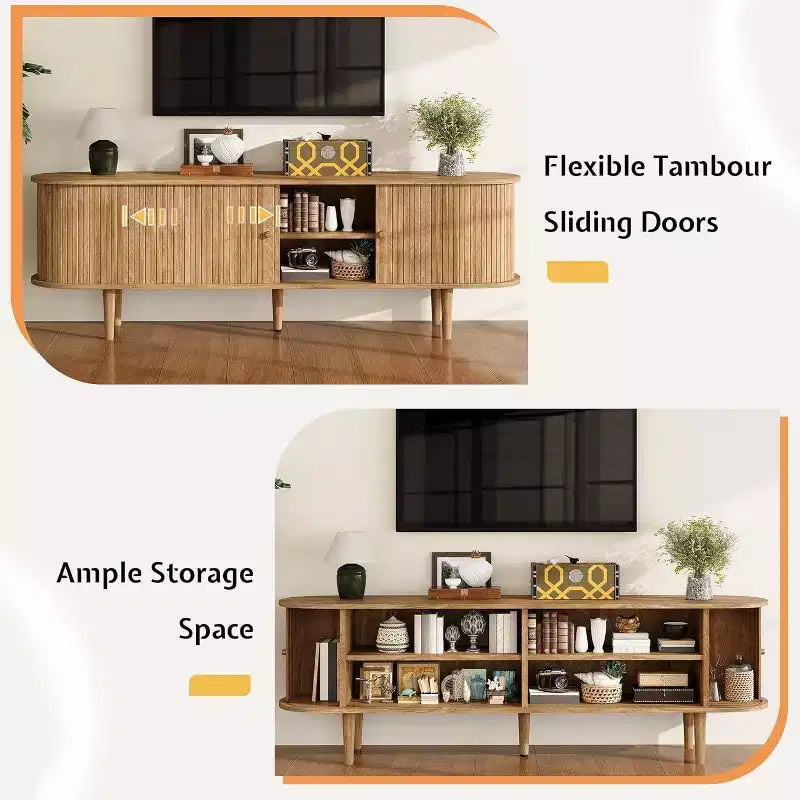 Meuble TV avec pieds en bois massif, console TV de style scandinave avec porte à tambour