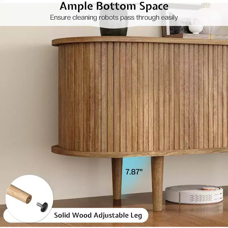 Meuble TV avec pieds en bois massif, console TV de style scandinave avec porte à tambour