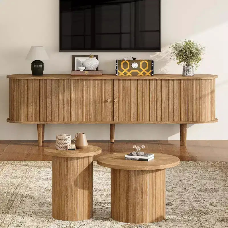Meuble TV avec pieds en bois massif, console TV de style scandinave avec porte à tambour
