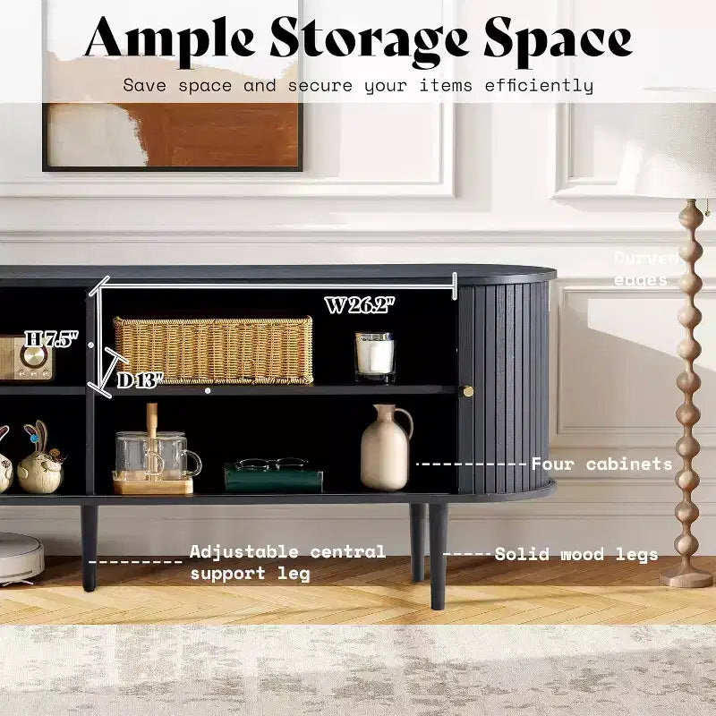 Meuble TV avec pieds en bois massif, console TV de style scandinave avec porte à tambour