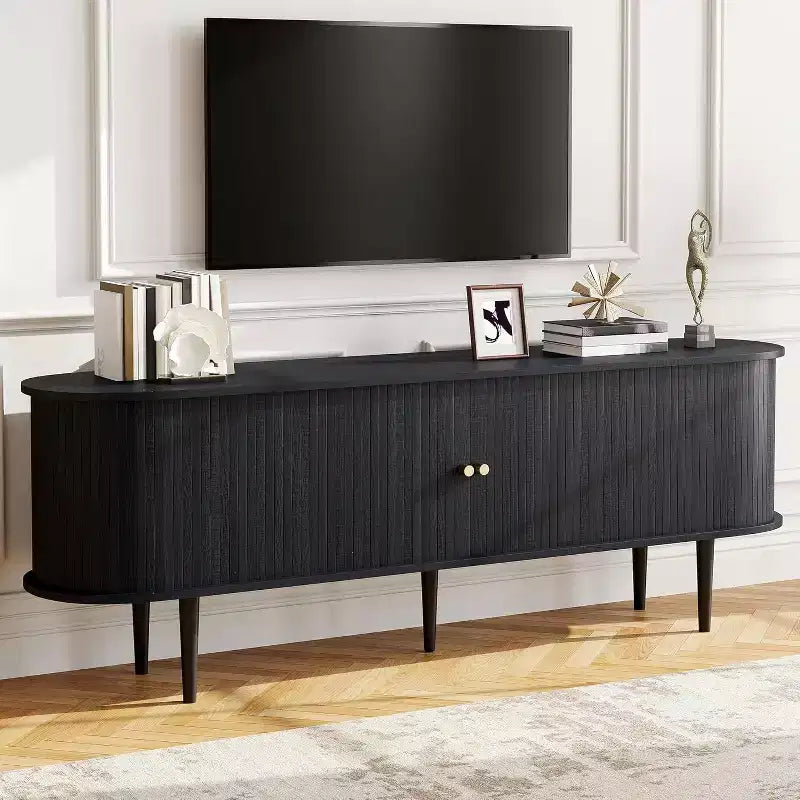 Meuble TV avec pieds en bois massif, console TV de style scandinave avec porte à tambour