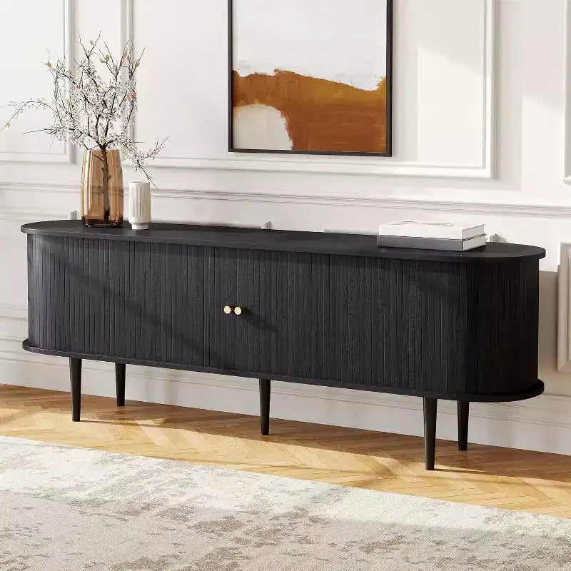 AMERLIFE 70 TV Stand with Solid Wood Legs, Mid Century Modern TV Console with Tambour Door