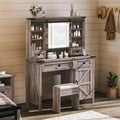 AMERLIFE 42'' Farmhouse Makeup Vanity Desk with Sliding Mirror and Lights, Glass Tabletop Vanity Table, Light Rustic Oak