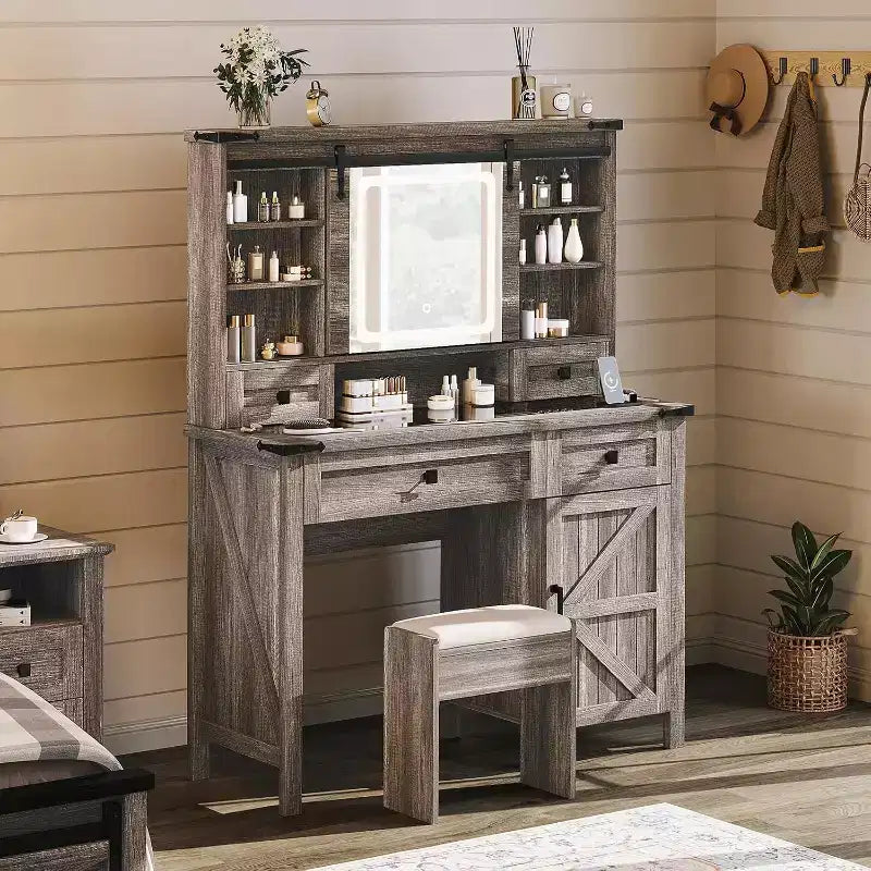 AMERLIFE 42'' Farmhouse Makeup Vanity Desk with Sliding Mirror and Lights, Glass Tabletop Vanity Table, Light Rustic Oak