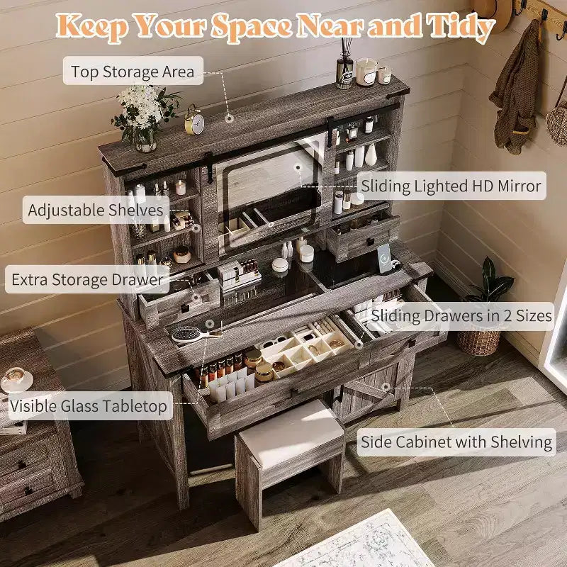Coiffeuse de ferme avec miroir coulissant et lumières